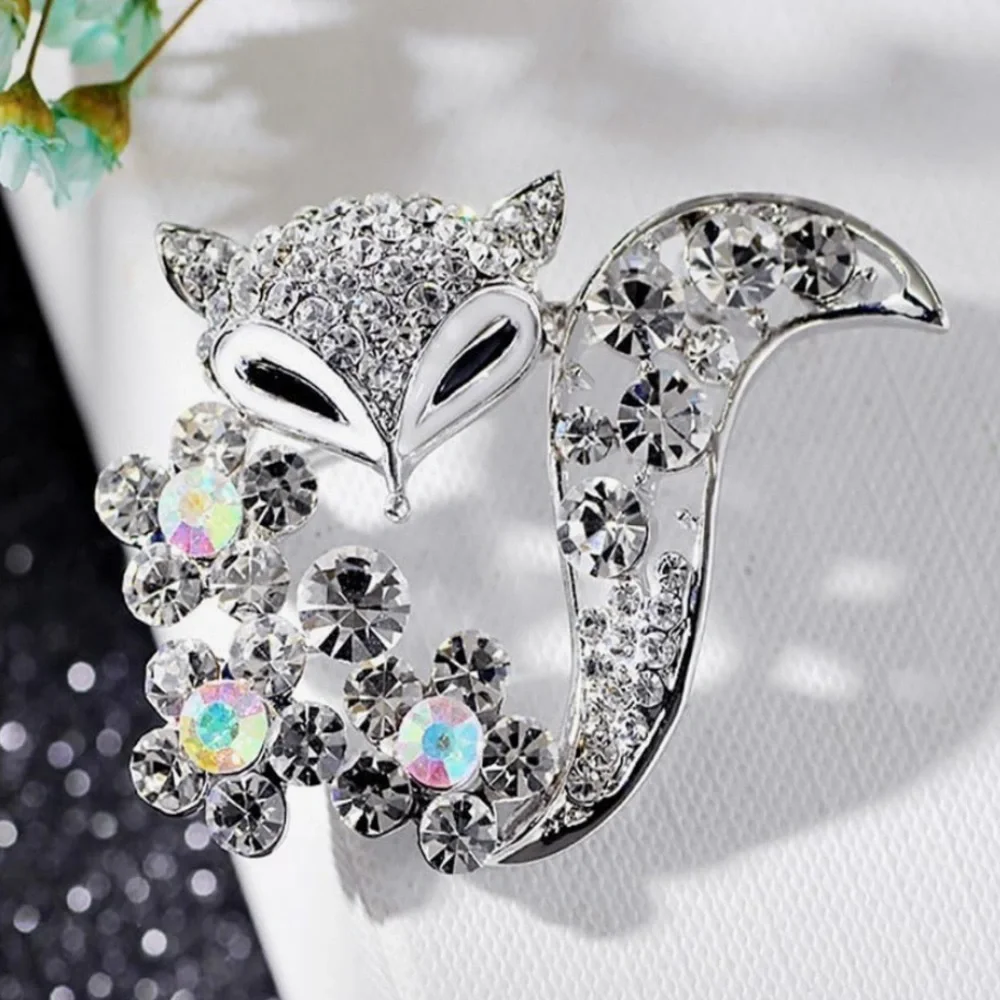 Silver Crystal Fox Brooch with Iridescent Floral Accents